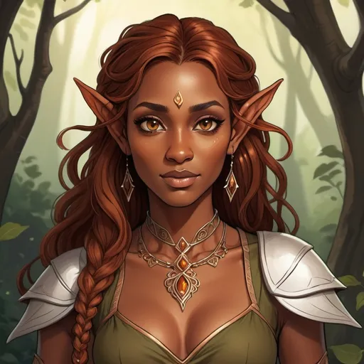 Prompt: A beautiful elven dark brown skinned woman with coppery hair and hazel eyes in a cartoon fantasy art style 