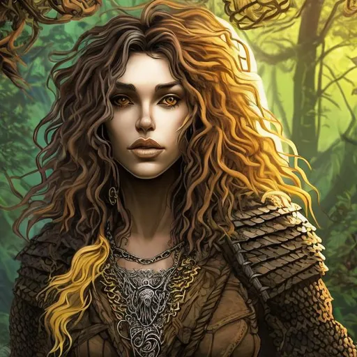 Prompt: beautiful wild woman with wild dark brown wavy shaggy hair, yellow coloured eyes, sharp features, in chainmail, with a wolf fang pendant, in the forest, in art style
