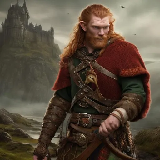 Prompt: Fantasy handsome giant rugged strong Scottish man with pointed elven ears with Ginger hair wearing tartan in fantasy art style 

