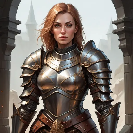 Prompt: A normal looking woman, aged 35, tall with a lot of armour, paladin, fantasy art style