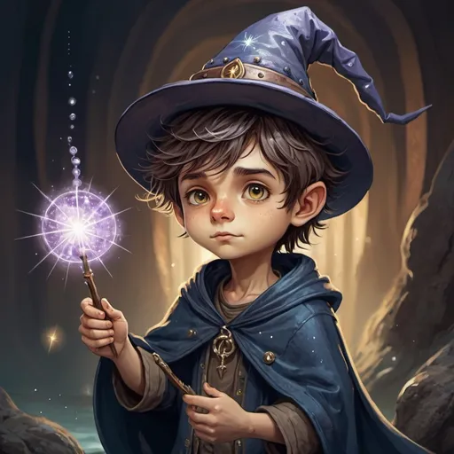 Prompt: A small urchin boy who is a wizard, in a fantasy art style