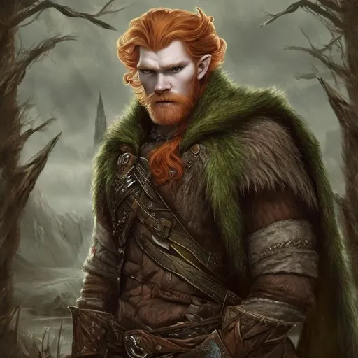 Prompt: Fantasy handsome giant strong Scottish man with Ginger hair and elven ears wearing tartan in fantasy art style 
