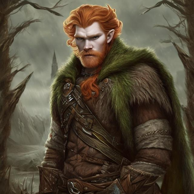 Prompt: Fantasy handsome giant strong Scottish man with Ginger hair and elven ears wearing tartan in fantasy art style 
