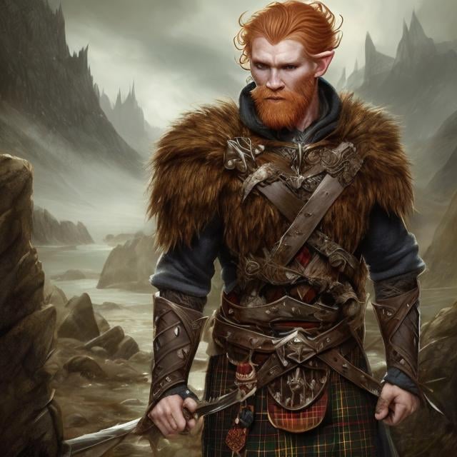 Prompt: Fantasy handsome giant strong Scottish man with pointed elven ears with Ginger hair wearing tartan in fantasy art style 

