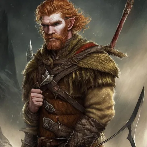 Prompt: Fantasy handsome giant rugged strong Scottish younger man with pointed elven ears with Ginger hair and a large nose wearing tartan in fantasy art style 


