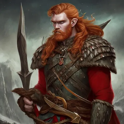 Prompt: Fantasy handsome giant strong Scottish man with Ginger hair and large pointy elven ears wearing red tartan in fantasy art style 

