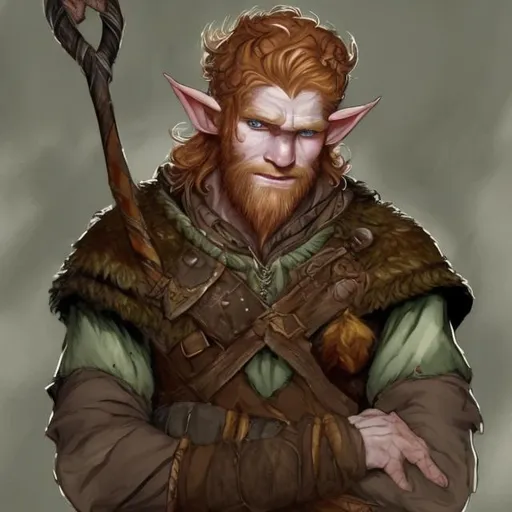 Prompt: Fantasy firbolg handsome giant rugged strong Scottish younger man with very pointed elven ears with Ginger hair and flat nose wearing tartan in fantasy art style 

