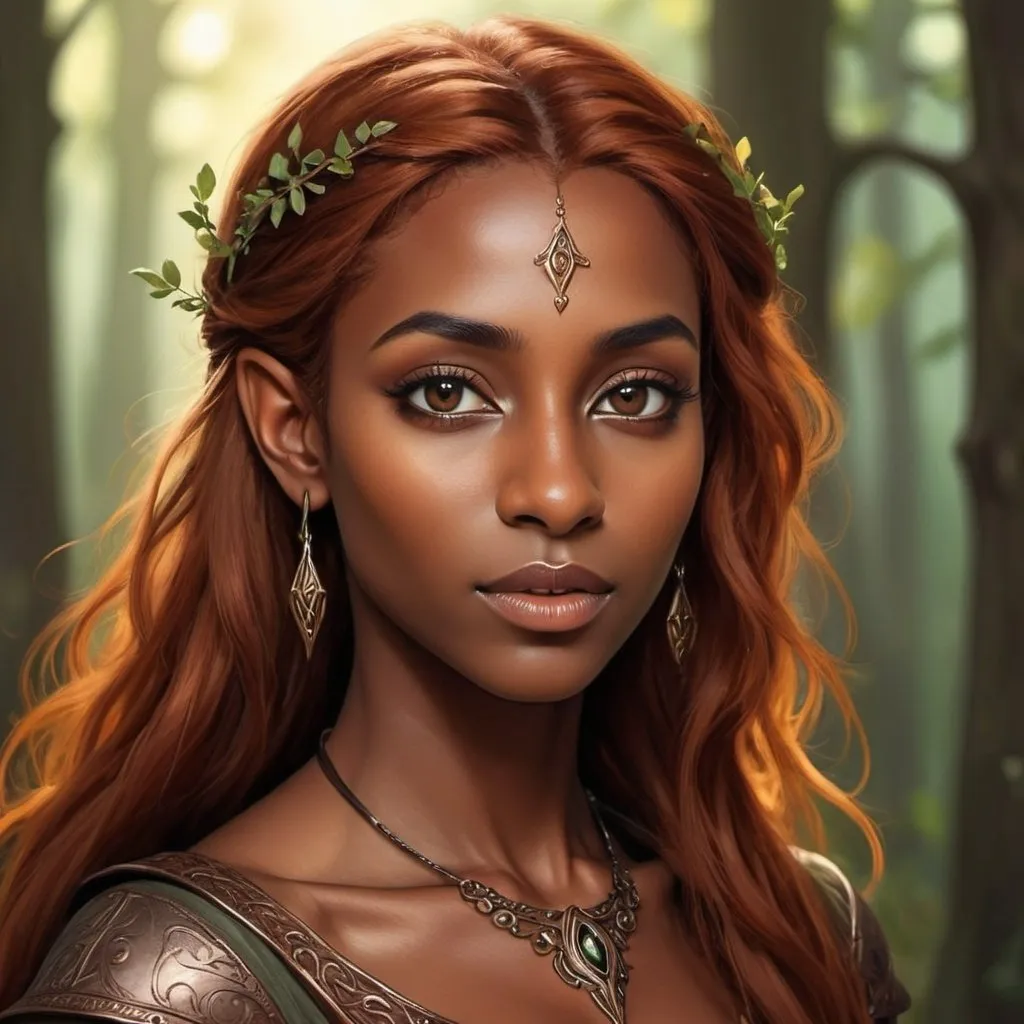 Prompt: A beautiful elven dark brown skinned woman with coppery hair and hazel eyes, art style 