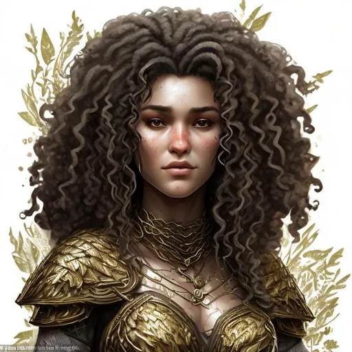 Prompt: A woman with wild dark curly hair, gold eyes and sharp features in chainmail in the forest art style