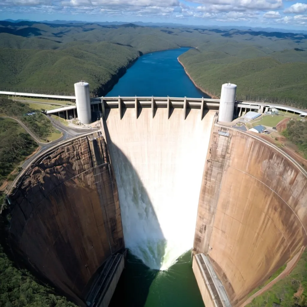 Prompt: Dam, hydraulic power, Queensland Australia, Green energy, Multiple dams, energy saving