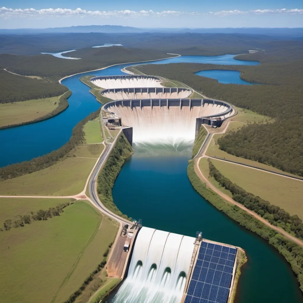 Prompt: Background: The scene is set in Queensland, Australia, with lush green landscapes and perhaps the distant outline of the iconic Great Dividing Range.
Dam: In the center, there's a large, modern dam, a marvel of engineering with its concrete walls and spillways. The dam is surrounded by clear blue water, reflecting the sunny skies of Queensland.
Hydraulic Energy: Flowing through the dam, you can see water turbines at work, harnessing the power of moving water to generate electricity. You might add visual elements like glowing lines or dynamic arrows to represent the conversion of hydraulic energy into electrical power.
Green Energy: On the banks of the dam, there are solar panels and wind turbines, symbolizing a blend of renewable energy sources. The solar panels glisten in the sun, while the wind turbines spin gracefully in the breeze.
Future Energy: To hint at futuristic energy solutions, you could incorporate sleek, high-tech elements, like advanced energy storage systems or floating wind turbines. Additionally, you might add a few futuristic-looking vehicles or smart grids in the landscape to emphasize the theme of cutting-edge energy technology.
