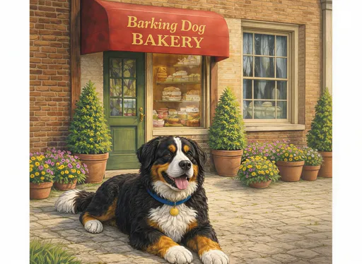 Prompt: @FdE9cxSP8U1EkE1bOK8U is lying in front of the Barking Dog Bakery in the town of Pawville.  His eyes are barely open revealing his wise brown eyes.  He is enjoying the sunshine.  
