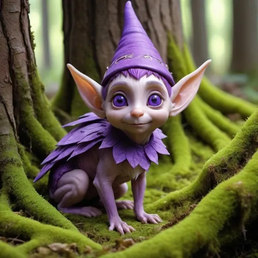 Prompt: a fairy-tale animal of purple color, which looks like a small, cute, good elf, who lives in the forest under the roots of a pine tree and among branches, green moss