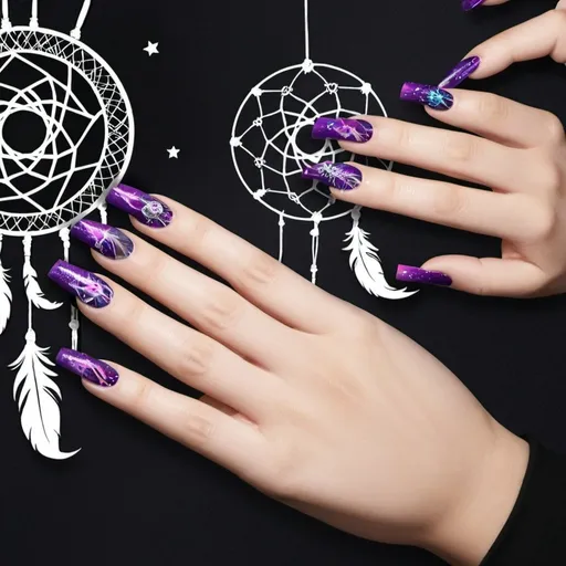 Prompt: Create a nail design based on the poster design of 'Nunew Dreamcatcher Concert'