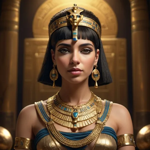 Prompt: (Cleopatra adorned with an exquisite gold necklace), regal and majestic, intricate jewelry details, captivating gaze, lush historical attire, opulent textures, rich gold tones, soft warm lighting, dramatic shadows, vibrant background depicting ancient Egypt’s grandeur, luxurious ambiance, ultra-detailed, 4K resolution, ethereal atmosphere capturing the essence of a queen's elegance.