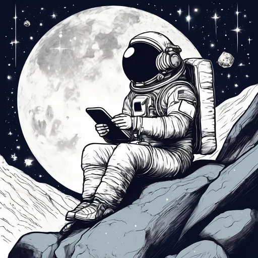 Prompt: An astronaut looking to the starry sky seated in a rock over the moon holding a crystal shard  