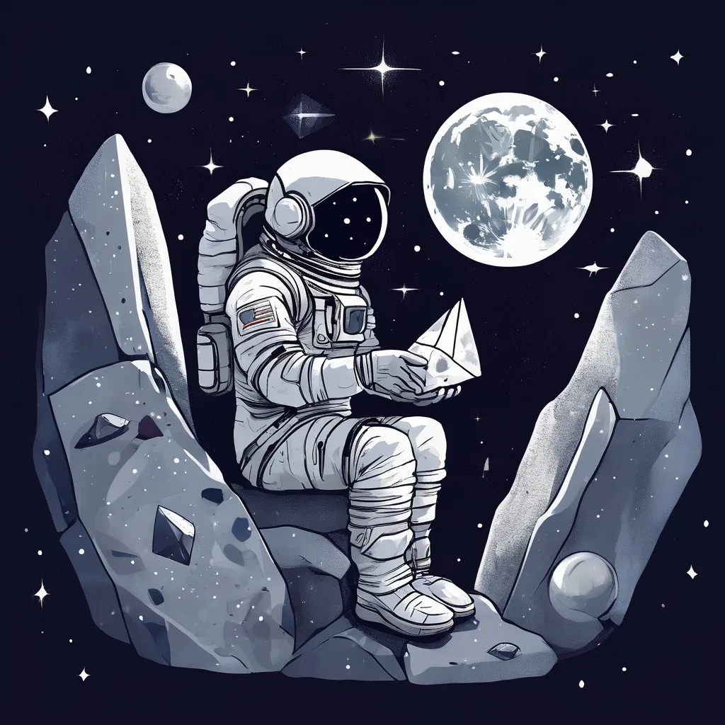 Prompt: An astronaut looking to the starry sky seated in a rock over the moon holding a crystal shard  