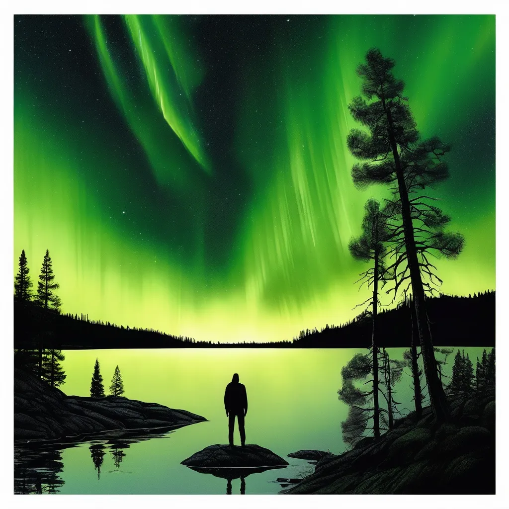 Prompt: a shade of a man on a lake surrounded by pine trees looking at the sky as a green northern light appears 