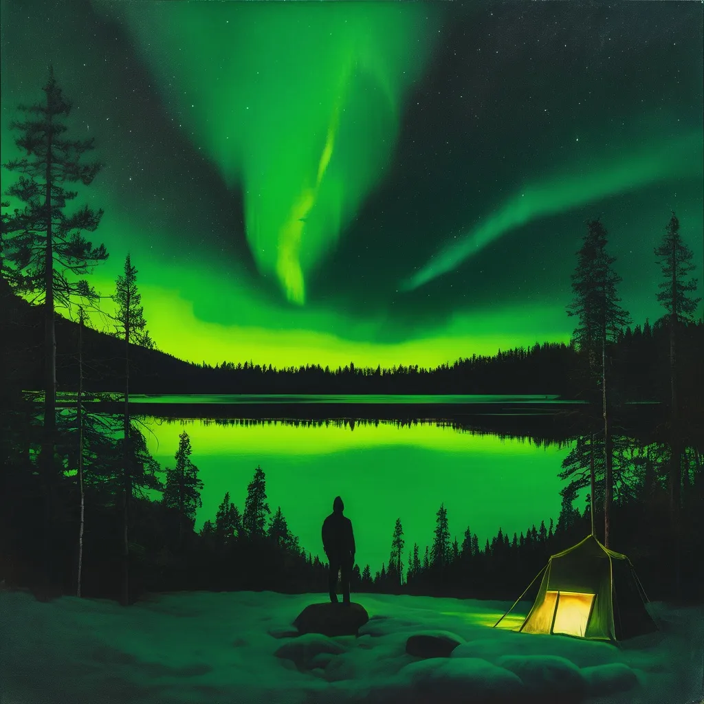 Prompt: a shade of a man on a lake surrounded by pine trees looking at the sky as a green northern light appears 