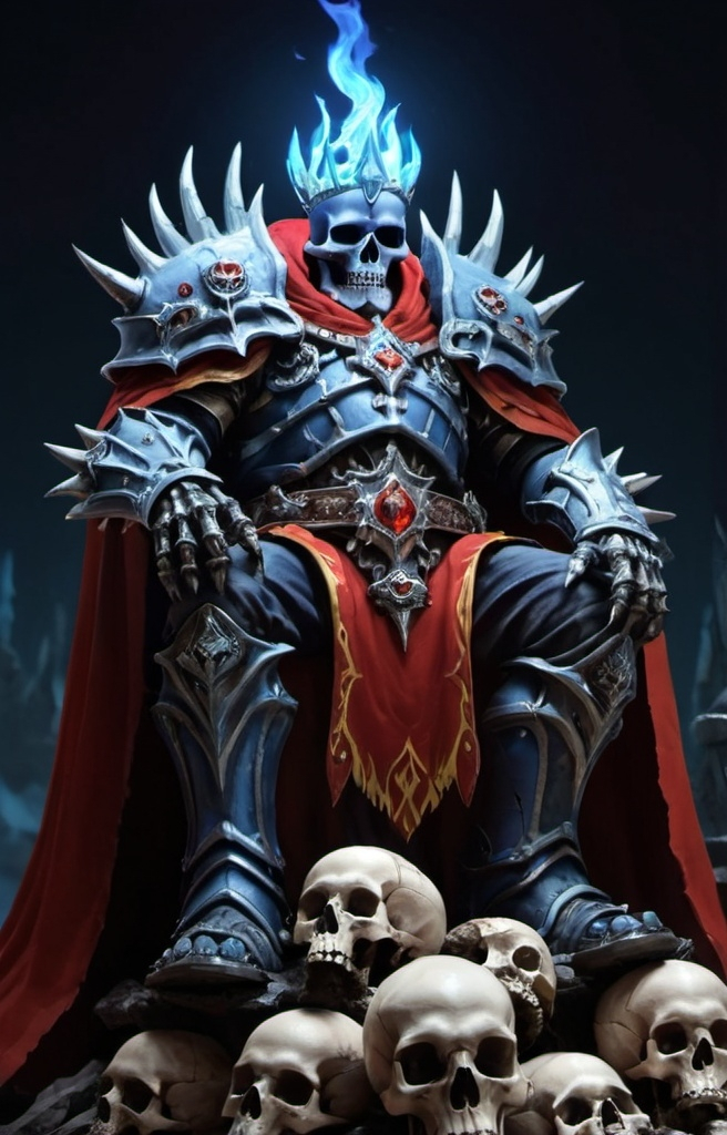 Prompt: a lich king, sitted on a pile of skull. It's wearing a red cape and a blue flame crown