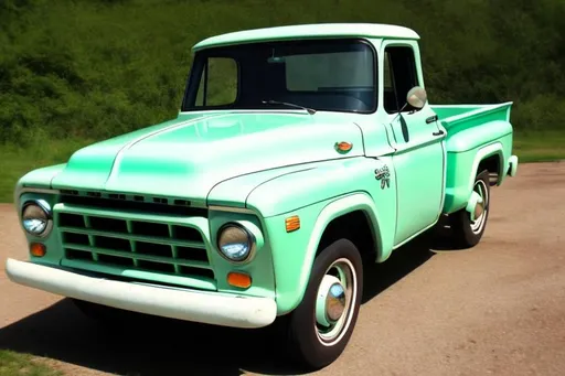 Prompt: a 60s pastel green pick-up truck 