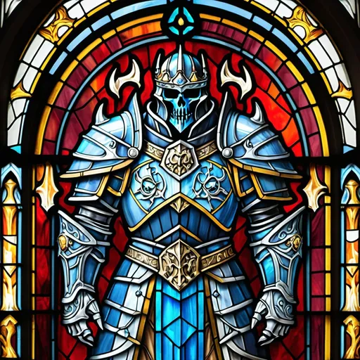 Prompt: a stained glass window of a lich king in medieval armor