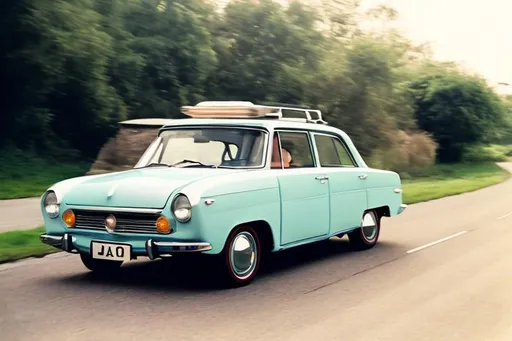 Prompt: a 60s pastel blue family break car on the road, 3/4 front view