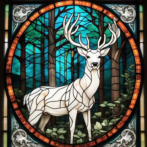 Prompt: a stained glass window of a white deer with enormous antlers in a pin forest