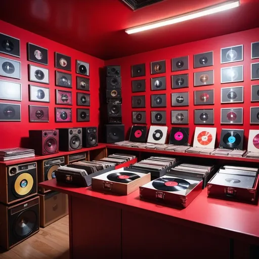 Prompt: Huge Record collection filed in a cabinet on a table in a red recording studio with a neon sign on the wall of a shattered earth, 8k high resolution and Shot with hasselblad x2d ii with bokeh, 