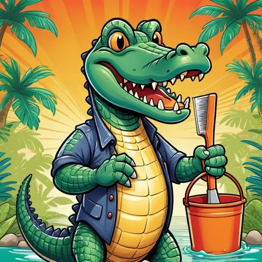 Prompt: Retro cartoon alligator in a tropical setting holding a squeegee in one hand and a bucket in the other. vibrant and playful cartoon style, bright and lively colors, detailed scales and textures, friendly expression, high quality, vibrant cartoon style. Tropical Background. 