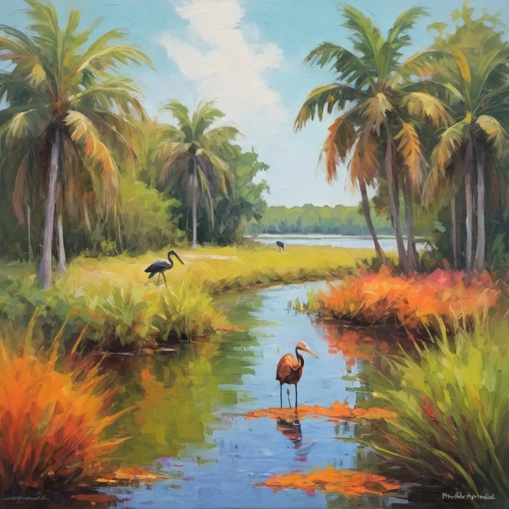 Prompt: Create a simple impressionist painting 
of Florida nature. Keep it minimalist and colorful. Include animals