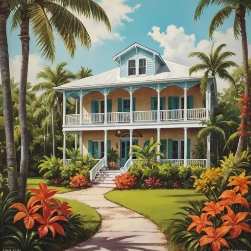 Prompt: Vintgae Florida poster Key West style house. Lush landscaping