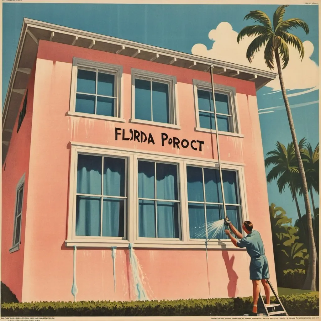 Prompt: vintage poster of a Florida house getting its window washed. Include the words "Florida Project" at the top and "Home Services" underneath it.