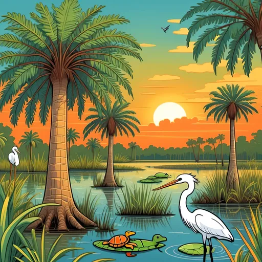 Prompt: Vibrant and playful cartoon style, bright and lively colors, detailed scales and textures, friendly expression, high quality, vibrant cartoon style. Swamp setting. Warm colors. Simple background. Sun, southern live oak trees, sabal palms, river, island. Florida native animals and plants. Egrets, turtles, manatees