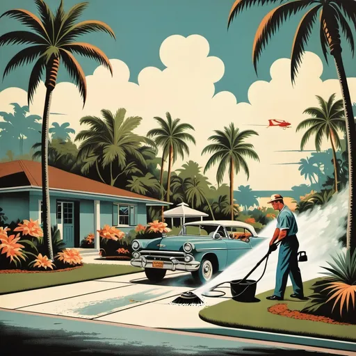 Prompt: retro florida poster with men pressure washing a driveway with lush tropical landscaping