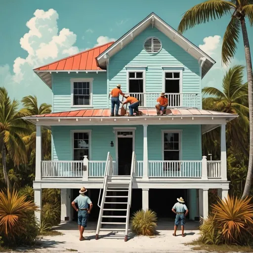 Prompt: Vintgae Florida poster Key West style house with a ladder and a couple workers on the roof. 