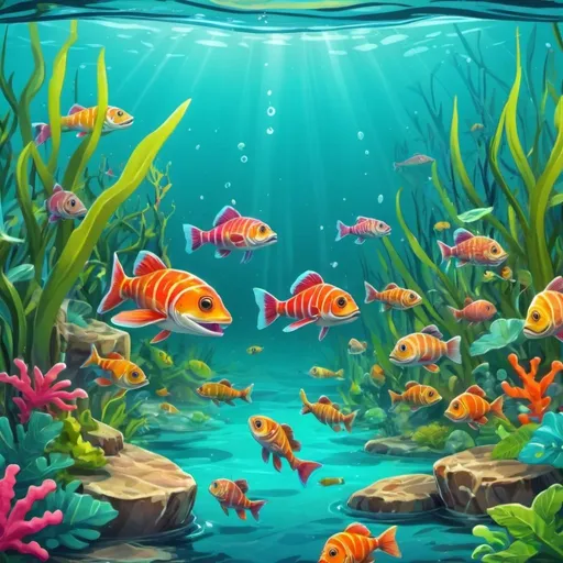 Prompt: Cartoon Florida fresh-water spring. Underwater POV. Vibrant and playful cartoon style, bright and lively colors, detailed scales and textures, friendly expression, high quality, vibrant cartoon style, playful, detailed scales, bright colors, friendly expression, squeegee, animated, detailed, vibrant colors, playful, detailed scales, cartoon, friendly, high quality