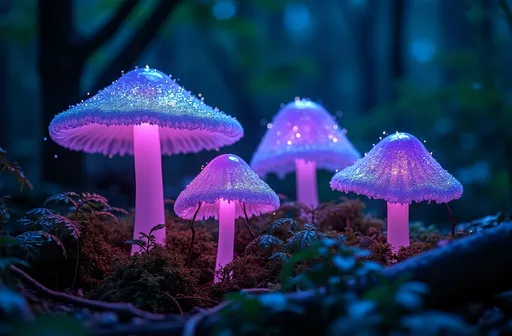 Prompt: A mesmerizing scene of glowing mushrooms emitting vibrant purple, blue, and green bioluminescent light, nestled in a dark, mysterious forest floor. The mushrooms cast an ethereal glow that softly illuminates surrounding ferns and moss, creating a enchanting, otherworldly atmosphere. Tiny sparkling particles drift through the air, enhancing the magical ambiance. The dark backdrop contrasts beautifully with the luminous fungi, emphasizing their radiant colors. For an artistic style, consider dreamy watercolor illustration or cinematic lighting, photorealistic, to capture the mystical and surreal quality of this enchanted woodland scene.