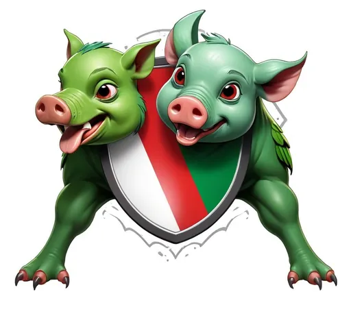 Prompt: Gere ideias de tatuagem para panturrilha do Palmeiras, com um porco Gobatto verde e um periquito mascote do Palmeiras verde mafioso um de cada lado do brasão, os dois e como gangster italianos, use as cores da bandeira da Itália, adicione um efeito branco vermelho e verde em volta do escudo como se fosse fumaça use sua criatividade
