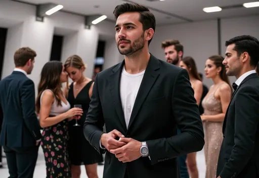 Prompt: Haute Couture Gala in a large, futuristic Renaissance space, where a group of people are chatting and we can see them standing - full body, and where an elegant 35-year-old man is standing, in full body view, dressed in a dark blazer and a white T-shirt under his jacket, the group of very well-dressed people are chatting and drinking red wine.