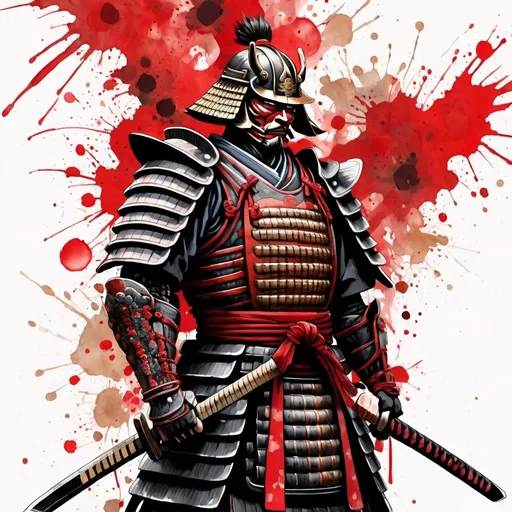Prompt: digital watercolor painting, a samurai wearing intricate samurai armor, samurai sword drawn paint splatter, black and red, bold brush strokes, art nouveau