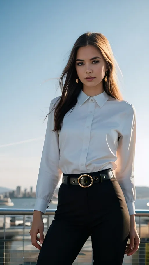 Prompt: beautiful photograph of a smart looking 1girl, solo, wearing a blue, tight collared shirt, very detailed fine silk fabric emphasis, perfectly defined button detailing, black pants with a belt, diamond stud earrings, long sleek blonde hair, brown eyes, freckles, serious expression, slender figure, standing against a country skyline at midday, cowboy shot, full body shot, photographed on a Fujifilm XT3, 80mm F/1.7 prime lens, cinematic film still, cinestill 500T, highly detailed, masterpiece, highest quality, intricately detailed, HDR, 8k, uhd, photorealistic