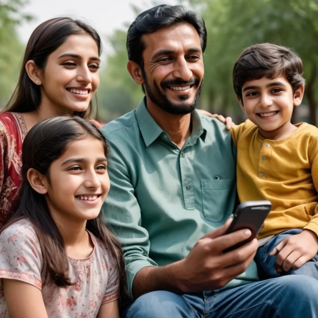 Prompt: A Pakistani husband and wife with two teenage kids, smiling and father have a phone looking at it and smiling. The environment is warm and the facial features are detailed and realistic 
