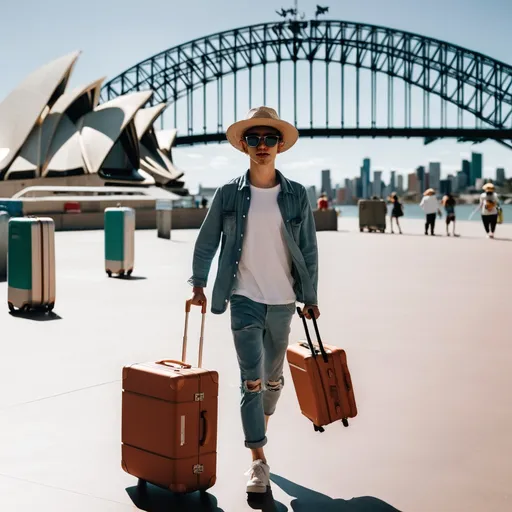 Prompt: A person with sunglasses and hat travel to Australia and carry a luggage 