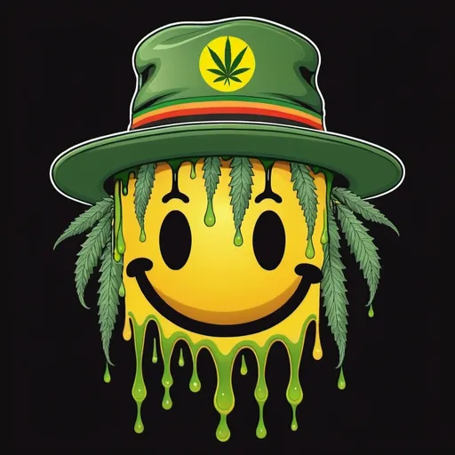 Prompt: Dripping smiley face with cannabis eyes wearing rasta hat
