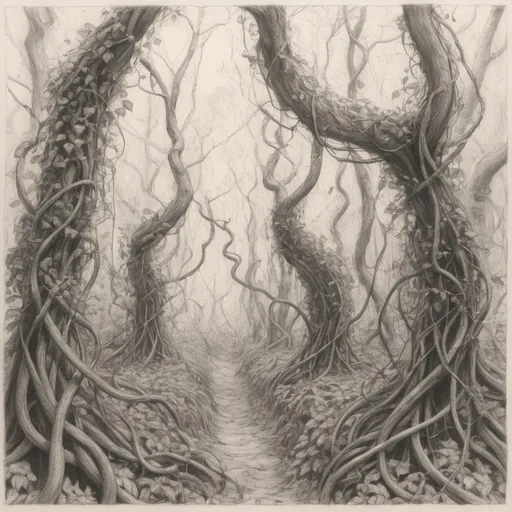 Prompt: A very simple pencil sketch of a inscrutable mass of vines in a forest