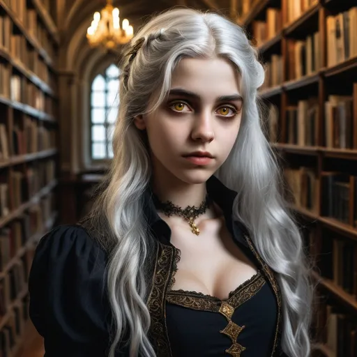 Prompt: Elena srebrno włosa kobieta  i złote oczy  lat 18  jest cicha ale pewna siebie jest bibliotece gotyckiej 
