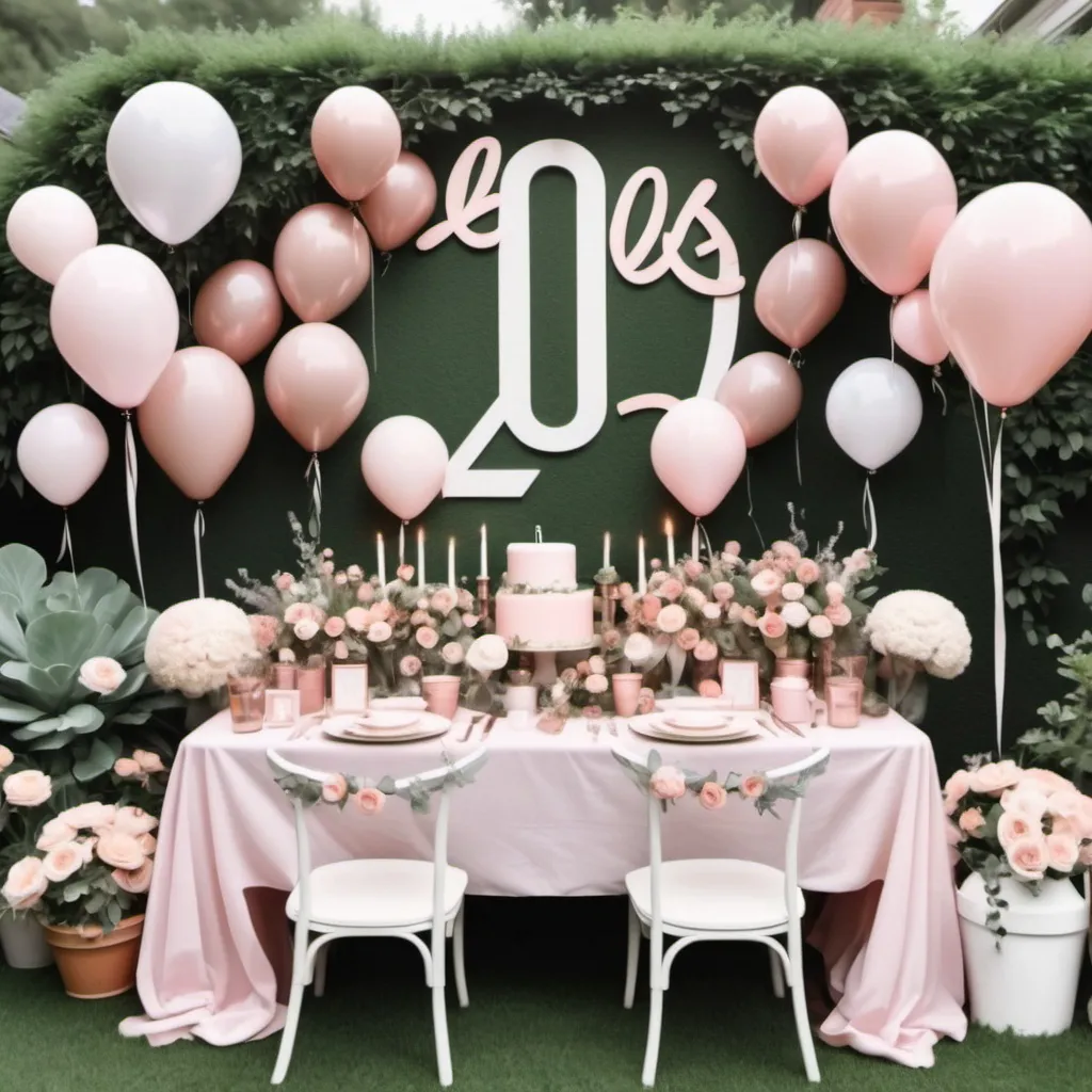 Prompt: Girls 20th birthday aesthetic garden themed decor