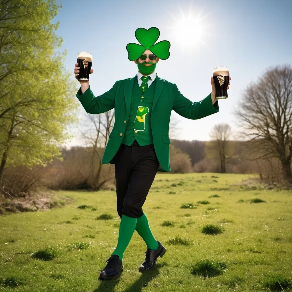 Prompt: a person disguised as a shamrock is dancing in the sun and drinks a guinness in the nature
