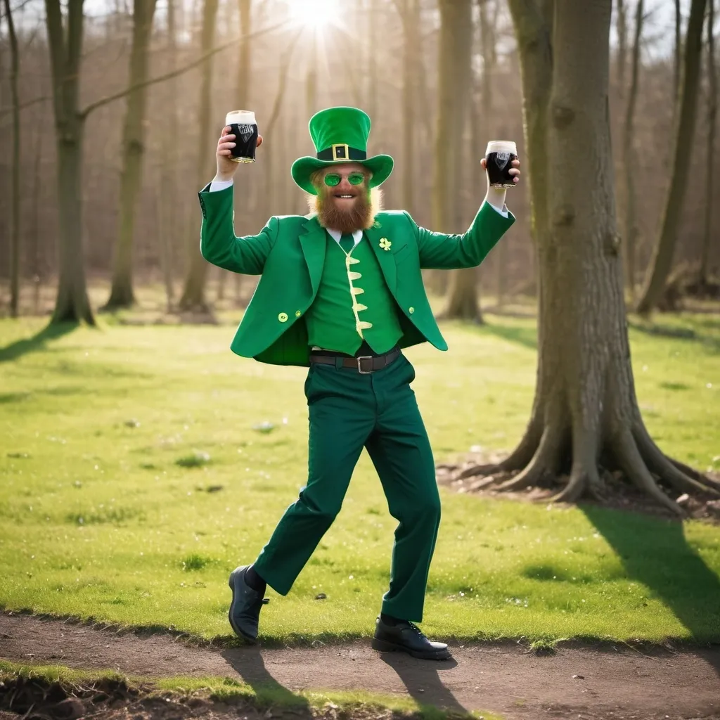 Prompt: a human disguised as a shamrock is dancing in the sun and drinks a guinness in the nature
